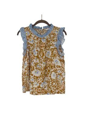 THML Size Small Beige Print Top with Lt. Blue Stripe Trim Ruffles Floral Boho